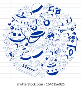 Vector set with toys icons. Pattern for kindergarten, little children. Kids playing.