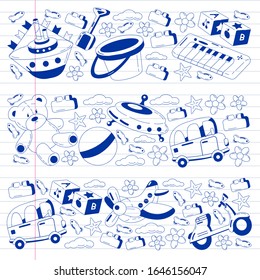 Vector set with toys icons. Pattern for kindergarten, little children. Kids playing.