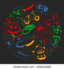 Vector set with toys icons. Pattern for kindergarten, little children. Kids playing.