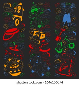 Vector set with toys icons. Pattern for kindergarten, little children. Kids playing.