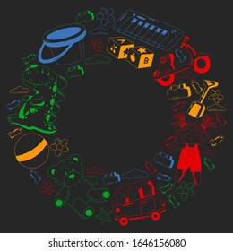 Vector set with toys icons. Pattern for kindergarten, little children. Kids playing.