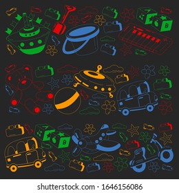 Vector set with toys icons. Pattern for kindergarten, little children. Kids playing.