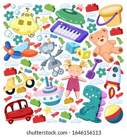 Vector set with toys icons. Pattern for kindergarten, little children. Kids playing.