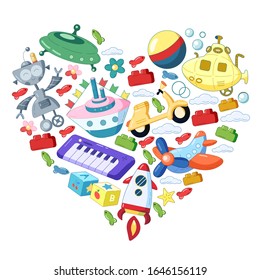 Vector set with toys icons. Pattern for kindergarten, little children. Kids playing.