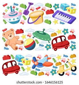 Vector set with toys icons. Pattern for kindergarten, little children. Kids playing.