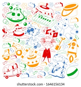 Vector set with toys icons. Pattern for kindergarten.