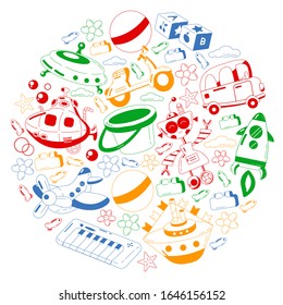 Vector set with toys icons. Pattern for kindergarten.