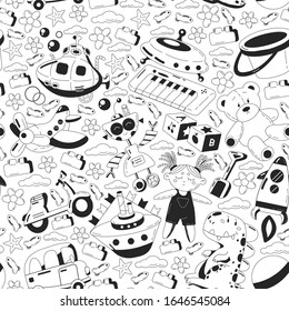 Vector set with toys icons. Pattern for kindergarten, little children. Kids playing.