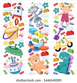 Vector set with toys icons. Pattern for kindergarten, little children. Kids playing.