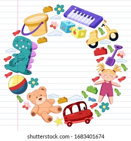 Vector set with toys icons. Pattern for kindergarten, little children. Kids playing.