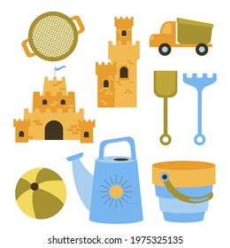 Vector set of toys for playing in the sandbox. Sand castles, dump truck, sieve, bouncy balls for the sea. Baby bucket and watering can, shovel, sandbox rake isolated on white background.