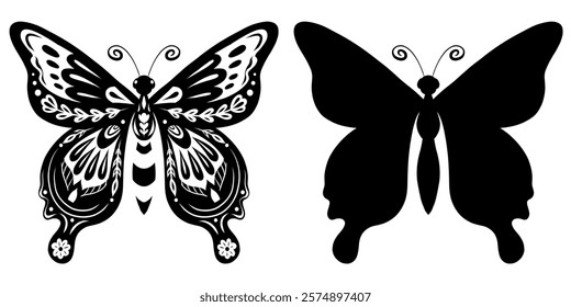 Vector set tracery monochrome butterfly in folk art style. Collection of decorative ornate flying insect with a floral ornament for icons and stickers