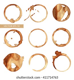 Vector set of traces of a coffee cup. Splashes and traces of coffee cup. Circles and rings on white background. Vector collection of coffee cup for menu, restaurant, cafe, bar, coffeehouse.