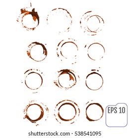 Vector set of traces of a coffee cup. Splashes and traces of coffee cup. Circles and rings on white background. Vector collection of coffee cup for menu, restaurant, cafe, bar, coffeehouse.