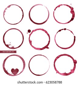 Vector set of traces of a wineglass. Splashes and traces of wine glass. Circles and rings on white background in eps 10. Vector collection of wine glass print for menu, restaurant, cafe, bar.