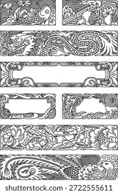 Conjunto de Vectores de patrones fronterizos Horizontales tradicionales chinos que incluyen dragón, fénix y peonía. Estilo blanco y negro, dibujo de tinta de alto contraste. 