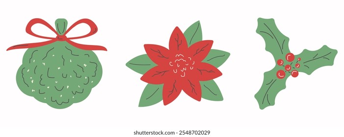 Vector set of traditional Christmas plants: poinsettia, mistletoe, and holly isolated on a light background. Whimsical festive designs for seasonal cards, invitations, and winter decor