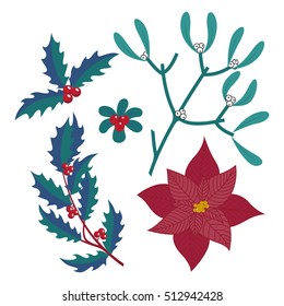 Vector set of traditional Christmas plants isolated on white. Holly, mistletoe, poinsettia and cowberry.