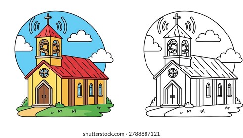 A vector set of a traditional church building with a bell tower and cross, featuring a colored version and a line art version for religious designs.
