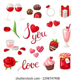 Vector set of traditional elements of Valentine's Day in cartoon style. Elements for design stickers, card, stamp or others for Valentine's Day. 