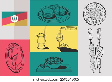 Vector set of traditional foods from Rio Grande do Sul just with lines. This set contains foods such as wine, chimarrão, barbecue, pine nuts among others.