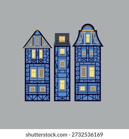 Vector set of traditional German half-timbered houses (Fachwerk). Blue decorative buildings with glowing windows inspired by historic towns in Germany. Isolated on transparent background. Suitable for travel illustrations, European city scenes, posters, games, books, web and print design.