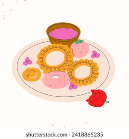 Vector set of traditional Indian sweets.Indian holiday desserts with nuts and flowers.Concept of the Indian festival Holi,Diwali ect.Template for print,menu,congratulations.Vector illustration EPS 10