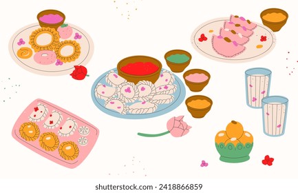 Vector set of traditional Indian sweets.Indian holiday desserts with nuts and flowers.Concept of the Indian festival Holi,Diwali ect.Template for print,menu,congratulations.Vector illustration EPS 10