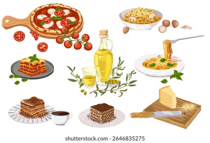 Vector set of traditional Italian dishes and ingredients. Hand drawn pizza, pasta, lasagna, olive oil, risotto, cheese, tiramisu for menu, food design, recipe blogs, stickers, packaging, cookbooks