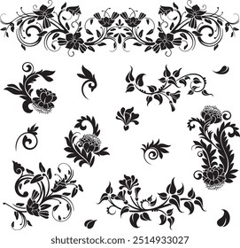 Vector set of traditional Japanese floral ornaments and oriental decorative design elements. Extremely clean vector lines, vinyl and laser ready.