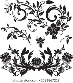 Vector set of traditional Japanese floral ornaments and oriental decorative design elements. Extremely clean vector lines, vinyl and laser ready.