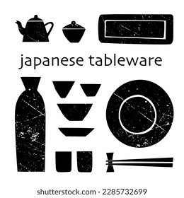 Vector set of traditional Japanese utensils. Black on a white background. Minimalism, flat, grunge. Hand drawing, vintage. Kitchen, restaurant, food, dinner, menu. Eps10