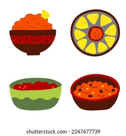 Vector set of traditional Mexican food, dishes, cuisine. National street fast food. Nachos, salsa, chili con carne