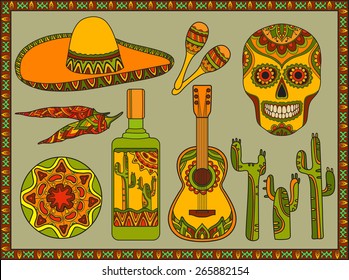 Vector set of traditional mexican symbols: guitar, cactus, tequila, chili pepper, maracas, sombrero, skull.