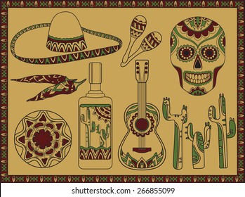 Vector set of traditional mexican symbols: guitar, cactus, tequila, chili pepper, maracas, sombrero, scull