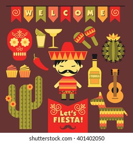 Vector set with traditional Mexican symbols. Cinco de Mayo. Let
's Fiesta!