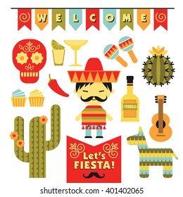 Vector set with traditional Mexican symbols. Cinco de Mayo. Let
's Fiesta!