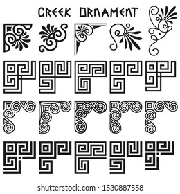 Vector set of traditional, modern greek ornament patterns. Classic Hellenic corner design elements isolated on white background. For decoration of book page, menu, certificate, invitation card, banner