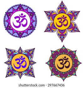 vector set of traditional mystical Buddhist sign onm in ornate frames