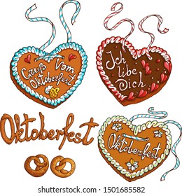Vector set with traditional Nurnberg gingerbread with words : "i love you" , " Octoberfest" , "Hello from Octoberfest" 