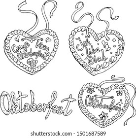 Vector set with traditional Nurnberg gingerbread with words : "i love you" , " Octoberfest" , "Hello from Octoberfest" Hand drawn, linear, black and white