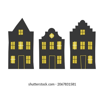 Vector set of traditional old European buildings like Amsterdam houses. Isolated black simplified silhouettes, yellow windows. Geometric style