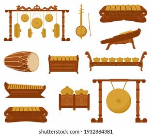 Vector set of traditional percussion musical instruments in the flat style. Various classical orchestral musical instruments. Indonesian musical instruments. Cartoon graphic design elements