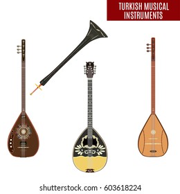 Vector set of traditional turkish musical instruments isolated on white background. Baglama, zurna, electric baglama and bouzouki in flat style.