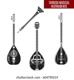 Vector set of traditional turkish musical instruments isolated on white background. Baglama, zurna, electric baglama and bouzouki in black and white colors, flat style.