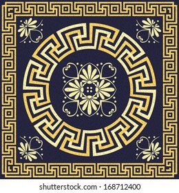 vector set Traditional vintage golden square and round Greek ornament (Meander) and floral pattern on a blue background