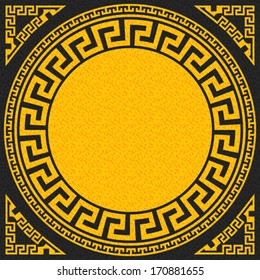 Vector set Traditional vintage golden square and round Greek ornament (Meander) and floral pattern on a black background