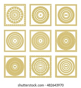 Vector set Traditional vintage golden square and round Greek ornament Meander border greece gold art