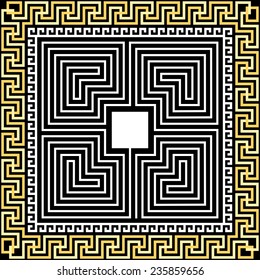 Vector set Traditional vintage square gold Greek ornament (Meander) and labyrinth on a black background
