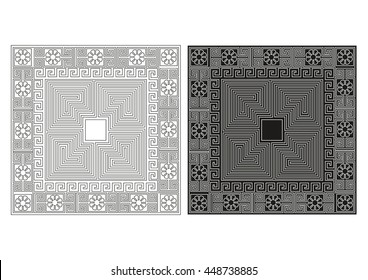 vector set Traditional vintage square Greek ornament (Meander) and floral pattern on a black/white background. black and white pattern